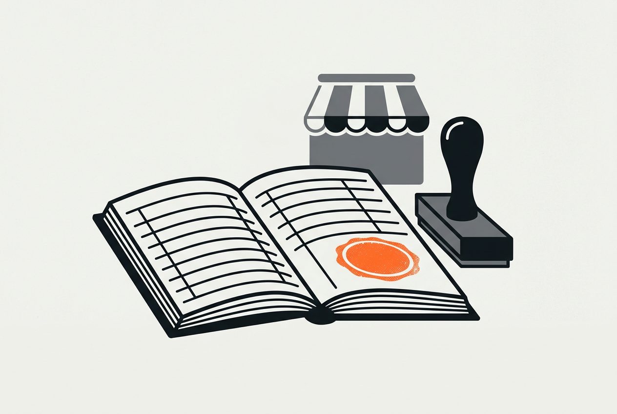 Открытая учётная книга с оттиском печати и вывеска магазина: новые правила для продавца на платформе